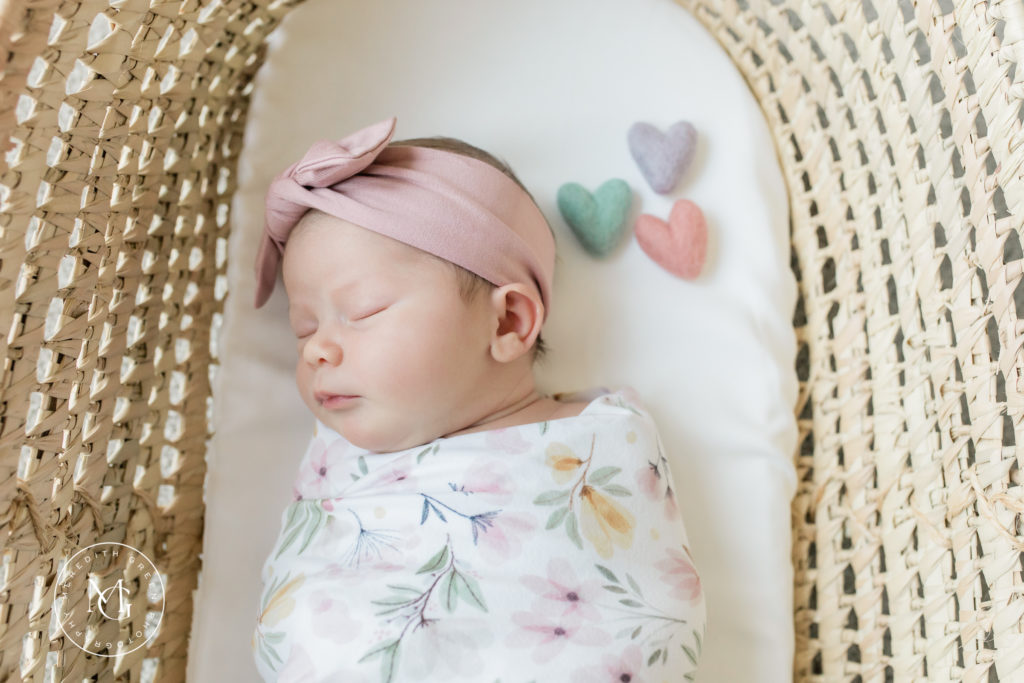 In home Newborn Session little baby girl in moses basket