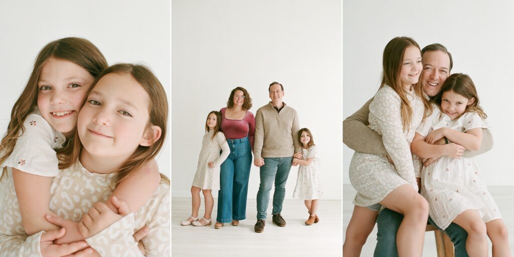 Collage of three images of the Vaden family in an indoor studio