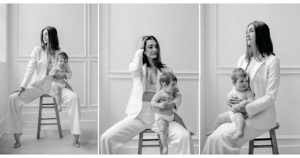 Three images of a mom wearing a suit posing with her baby in a motherhood photo session