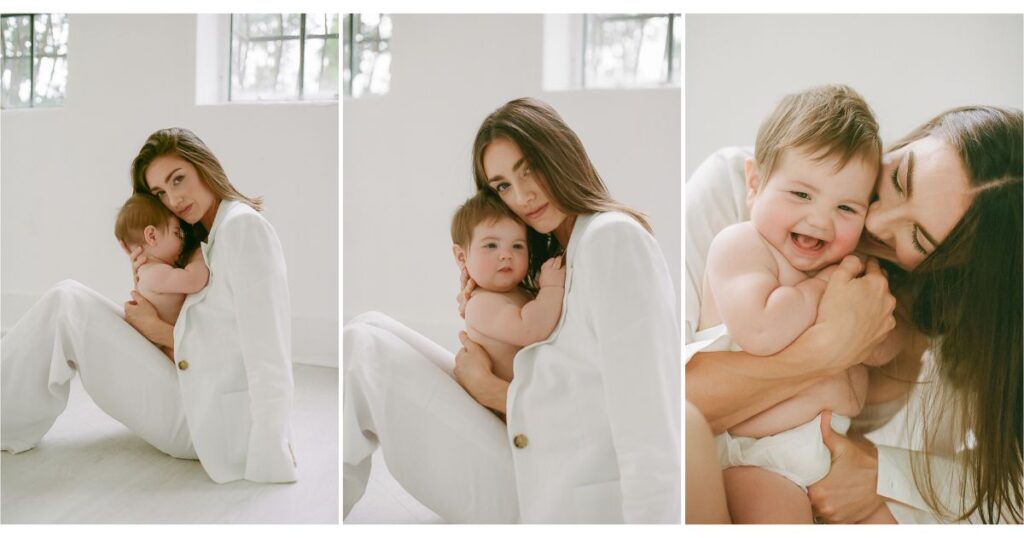 Three images of a mom holding her baby and looking at the camera during motherhood photo session