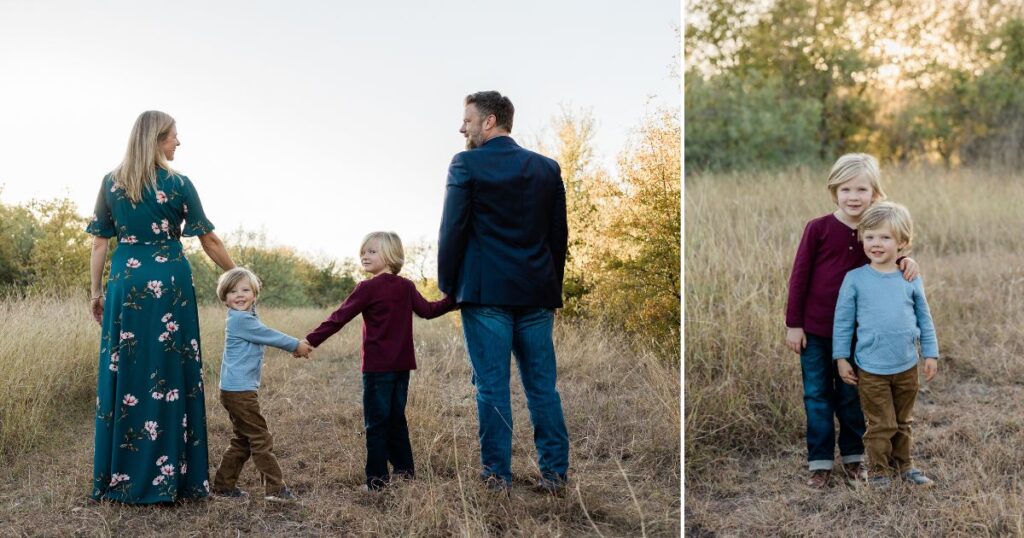 Collage of two pictures of Bridges family. First image is of family standing holding hands. Second image is two brothers posing for a picture during fall family photos.