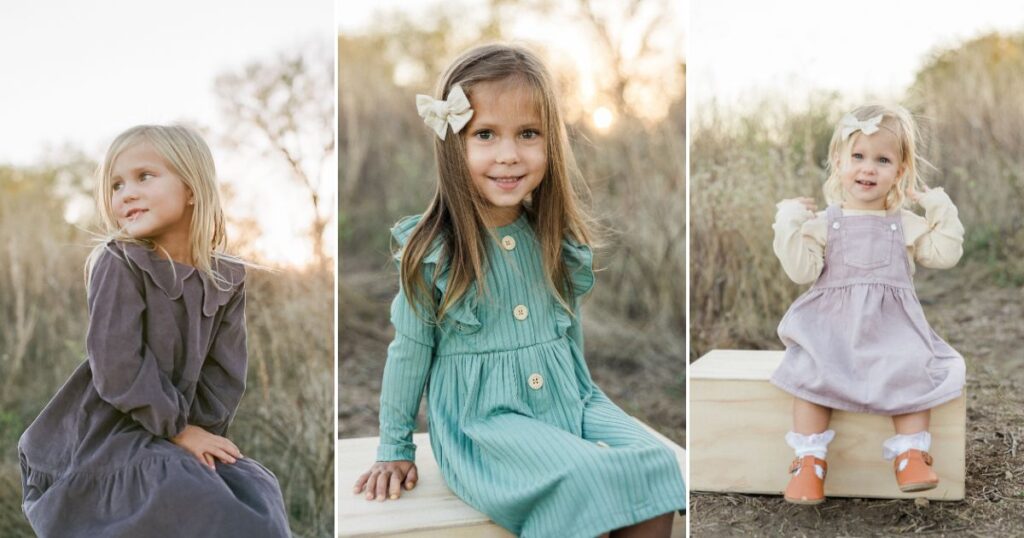 Collage of three pictures of Bruch daughters during fall family photos.