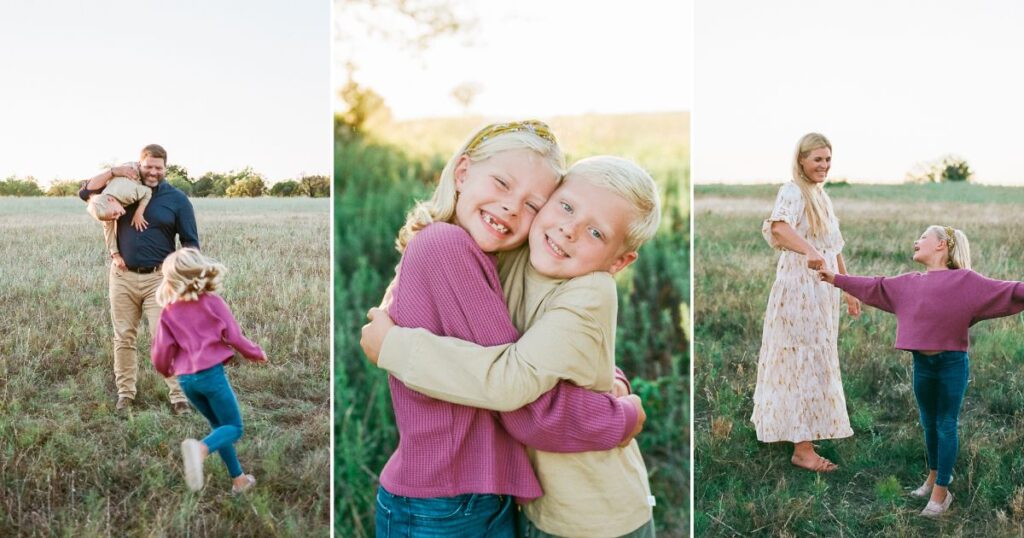 Collage of three images of Morford family during fall family photos