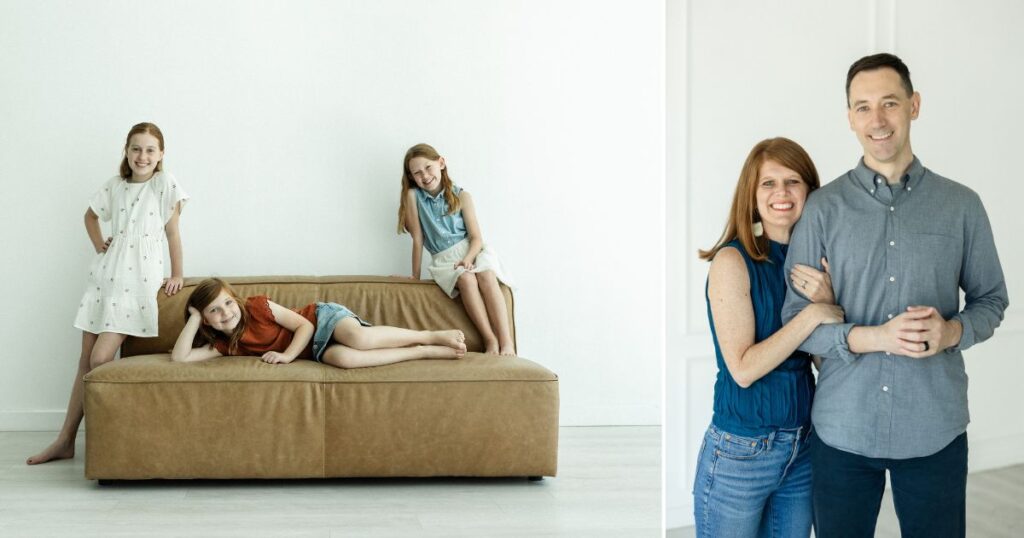 Collage of two images of the Rollings family during studio session