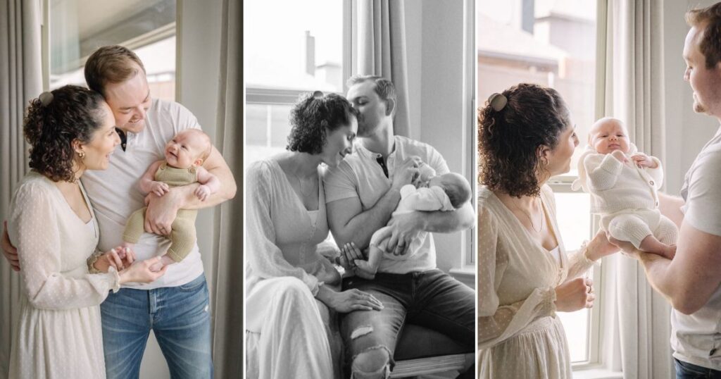 collage of images of parents holding their baby taken by Fort Worth newborn photographer