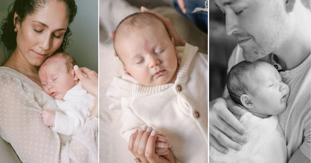 Collage of photos of baby Everett and his parents during newborn session